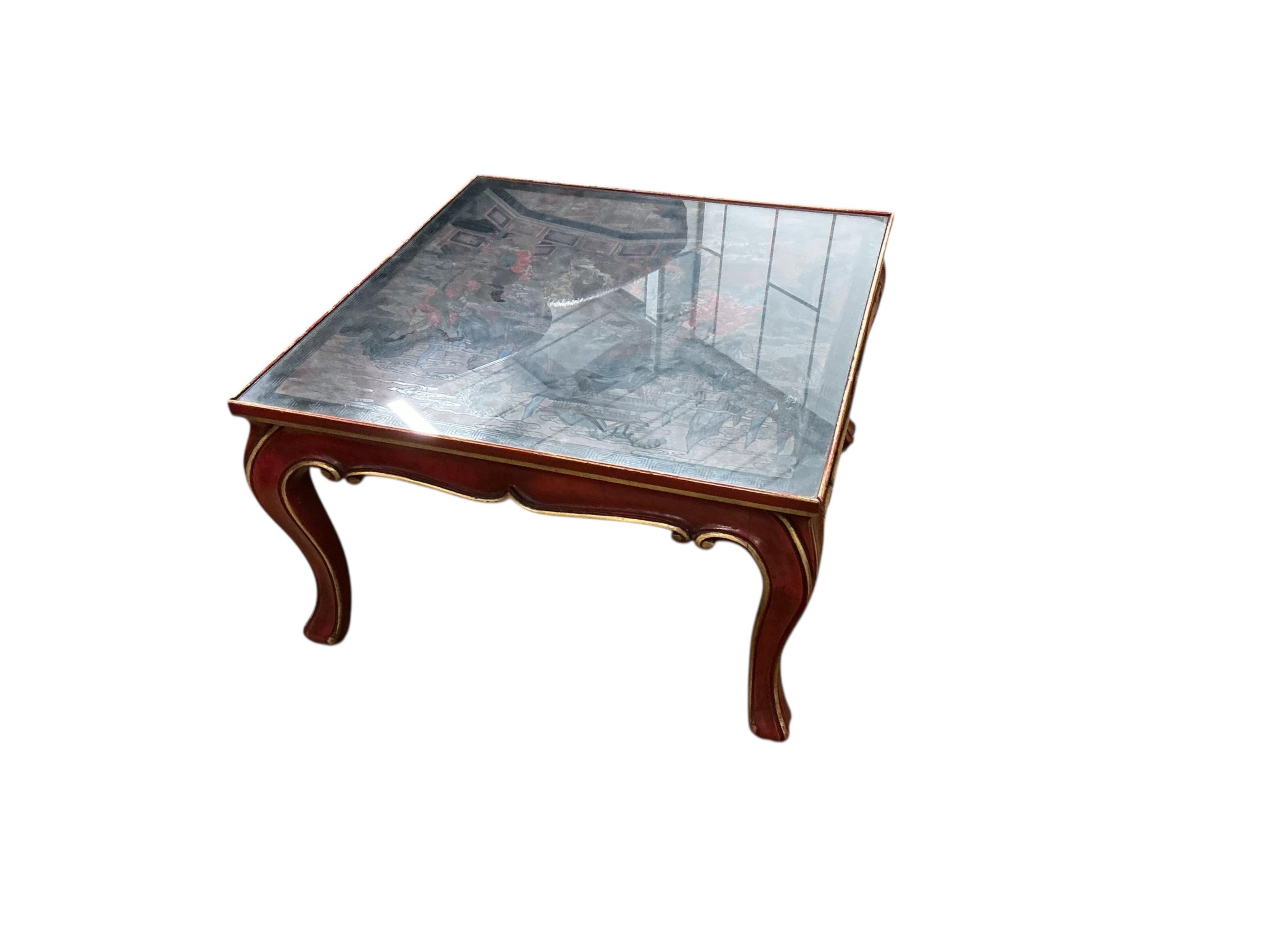 A 19th century and later Chinese polychrome coromandel lacquer panel inset coffee table, width 60cm, depth 63cm, height 38cm